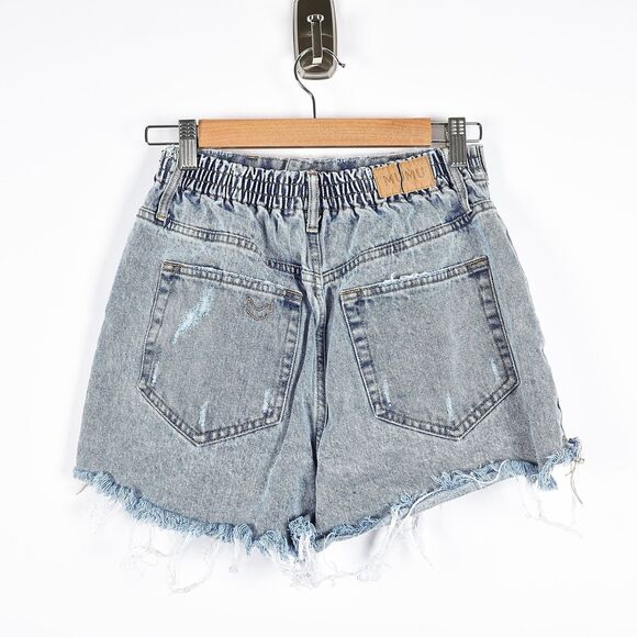 Show Me Your MuMu Shorts Womens 26 Blue Denim Distressed High Rise Frayed Hem - Picture 2 of 9